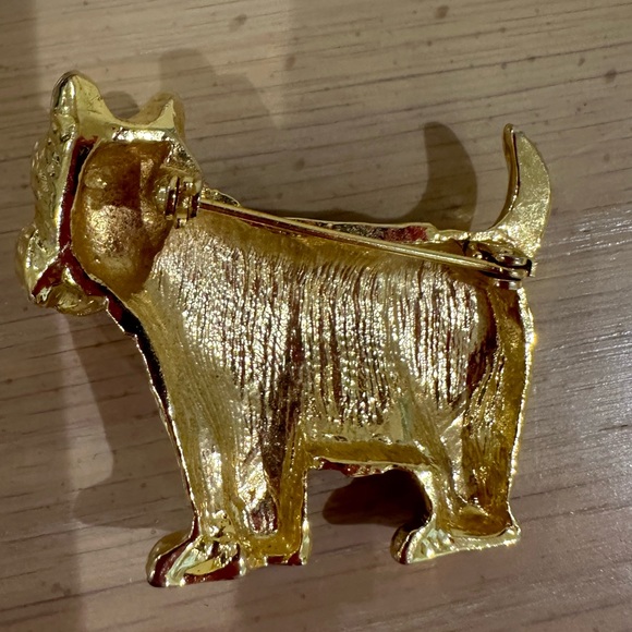 Scottie Dog Vintage Gold Plated Pin Coloured Jewel Eyes & Plaid Blanket & Collar - Picture 4 of 5